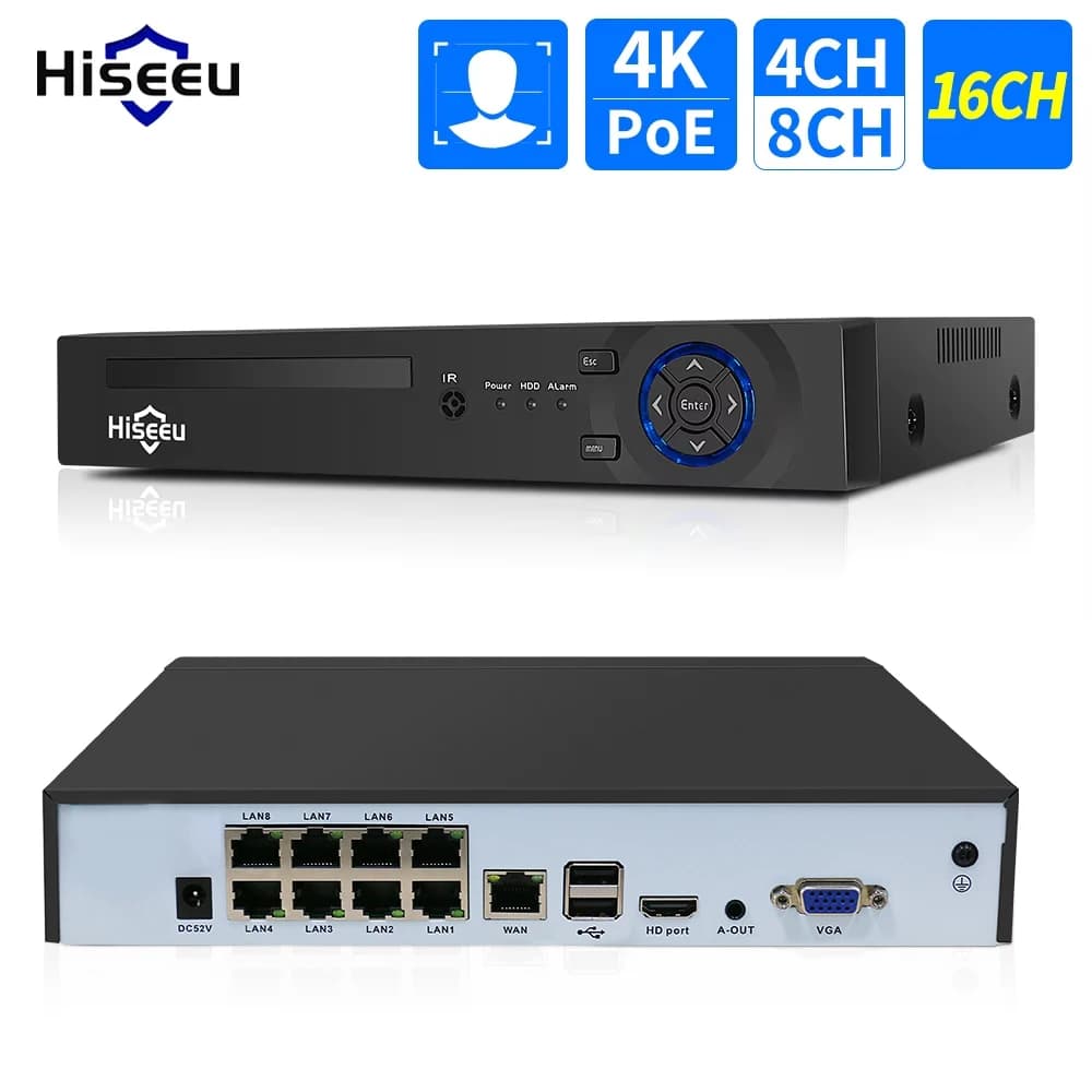 Hiseeu 4CH 10CH 16CH 4K 8MP 5MP POE NVR For Pneumatic IP CCTV Camera Surveillance System Kit H.265 + CCTV NVR Audio Video Record ONVIF