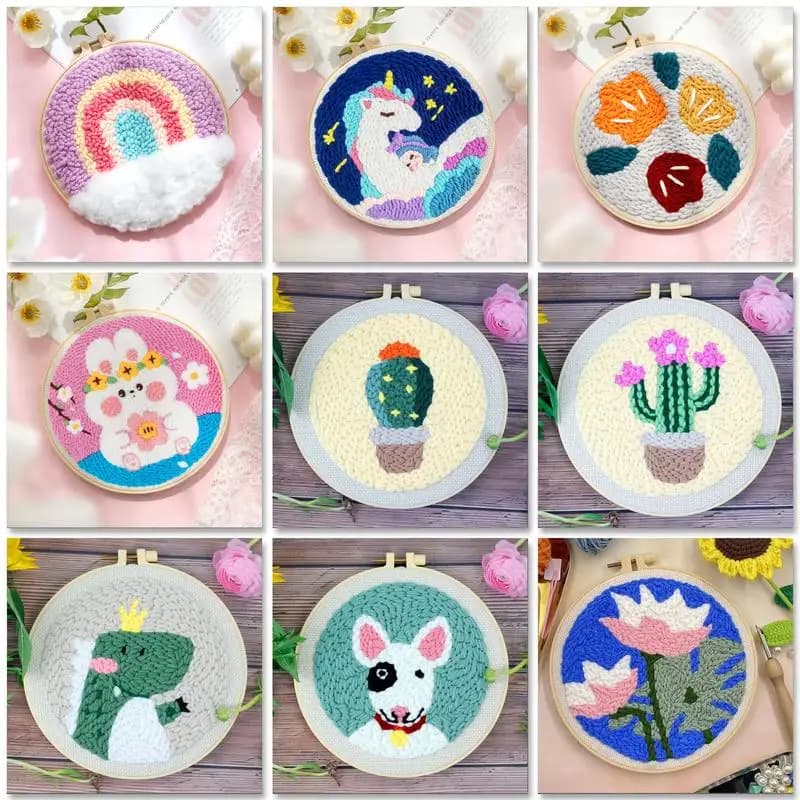 Punch Needle Embroidery Starter Kits Flower Easy Punch Needle Kits Animal Tool with Instruction Threader Fabric Yarns and Hoop