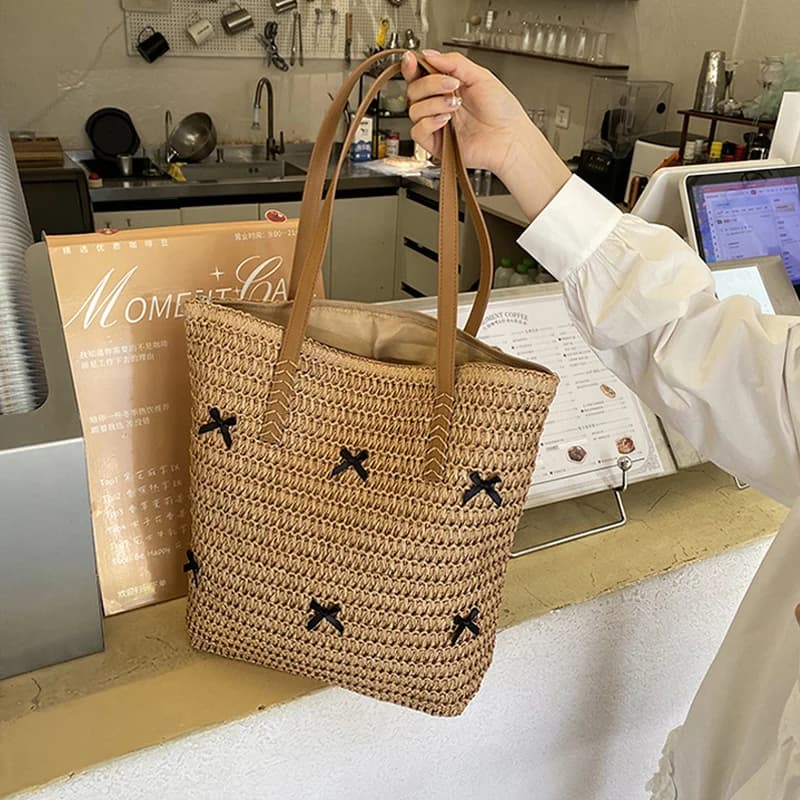 Black Bowknot Summer Beach Large Capacity Tote Bag Women Shoulder Bag Handmade Woven Bag Top-Handle Bags Raffia Boho Woven Women