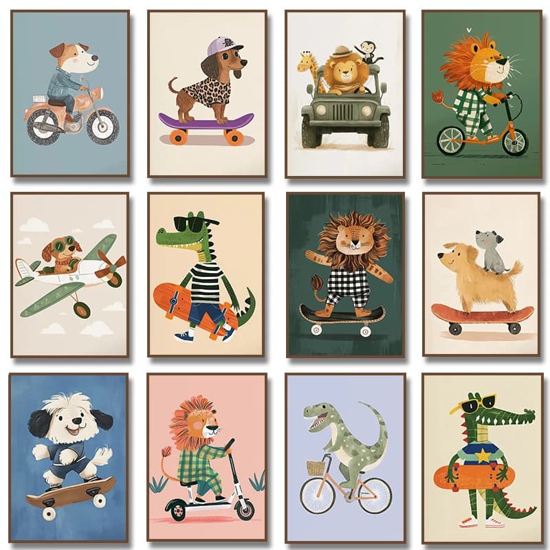 Cane Aereo Leone in Auto Animale Skateboard Tigre sulla Bicicletta Poster Stampa Tela Pittura Stampa Nursery Wall Art Camera dei bambini Dicembre