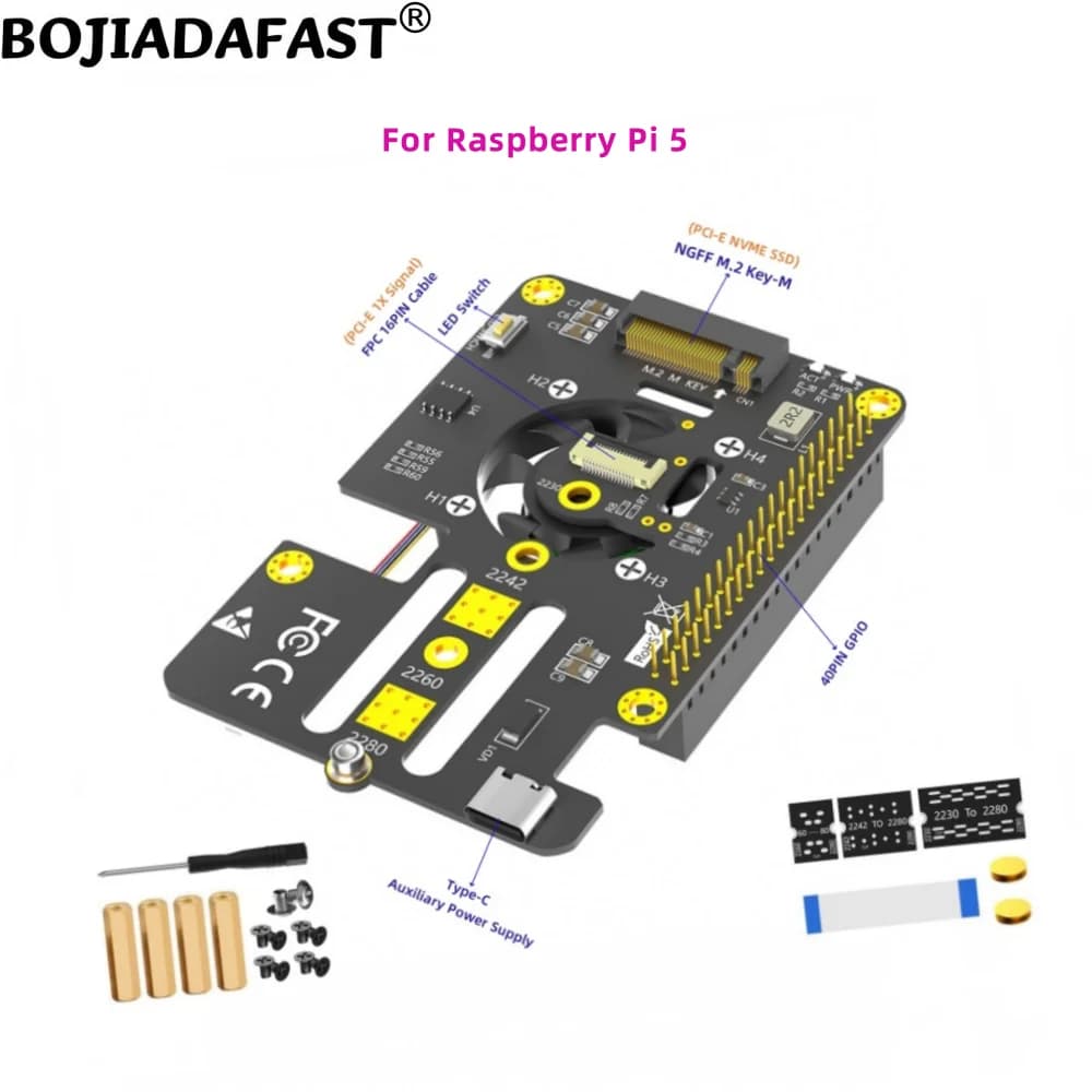 GPIO 40PIN to NGFF M.2 Key-M 2230 2242 2260 2280 NVMe SSD Adapter Card + PCI-E 1x Signal FPC Cable With Fan for Raspberry Pi 5