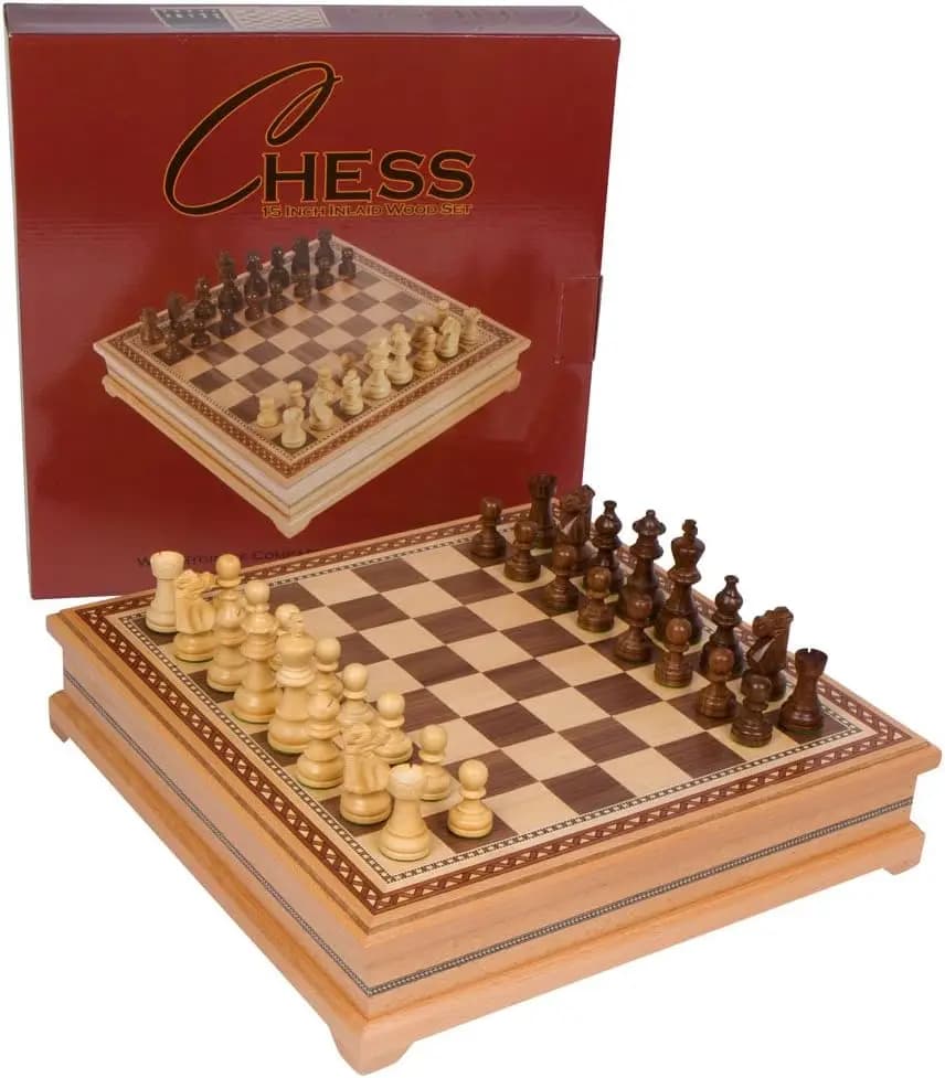 Large 15x15 Inch Chess Set with Weighted Wooden Pieces, Inlaid Board Game