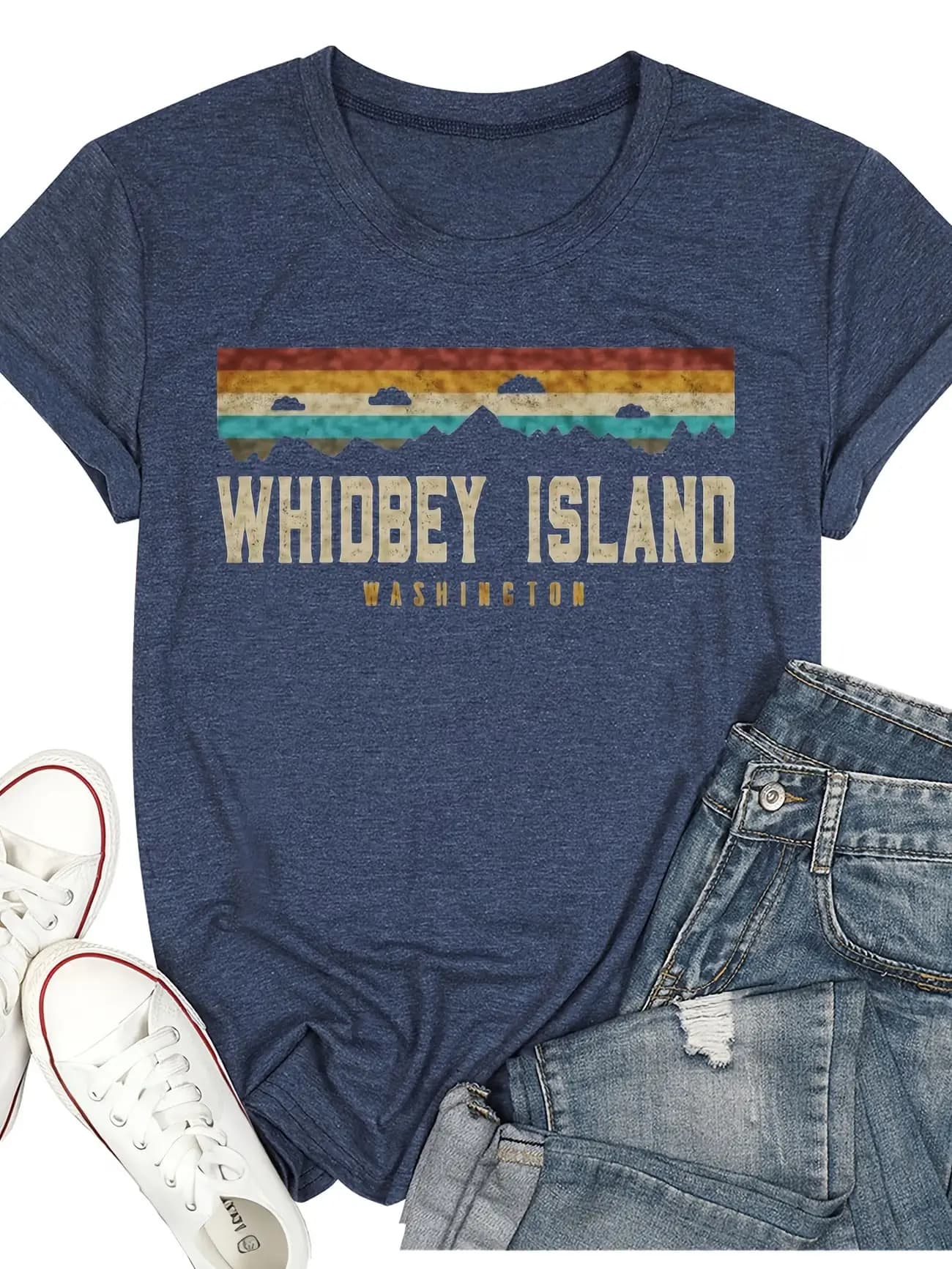 Plus size women's short sleeve T-shirt Whidbey Island Washington Sunset Mountains Everyday comfortable and versatile style