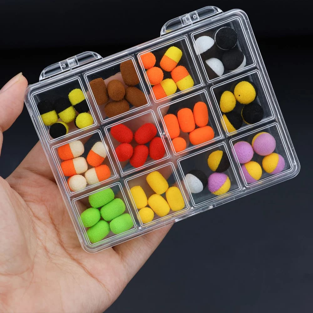 55 Pieces/Boilies Box in Cylindrical Foam and Carp Fishing Rolls, Soft Artificial Esche, Terminal Equipment for Zig Rig and Hair Rig