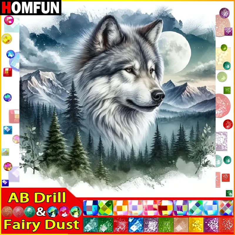 HOMFUN Fairy Dust AB Art 5D pittura diamante fai da te "Animal Wolf Moon" immagini di diamanti punto croce 3D strass ricamo Decor