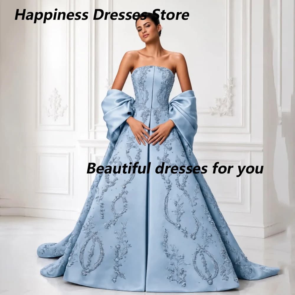 Customized Light Blue Strapless Satin Floral Applique Mother Of Bride Dresses Puff Sleeve Ball Gown Wedding Guest Dress