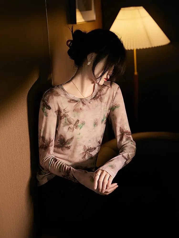 Oule New Women's Spring Autumn Ink Diffusion Lace Long Sleeve round Neck Base Shirt Inner Wear Top Blend Style Chinese Origin
