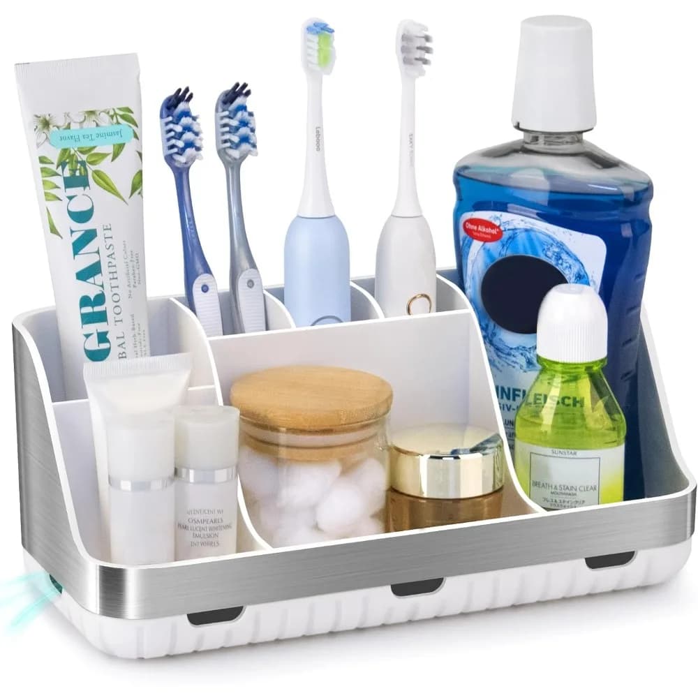 Portaspazzolino per bagno Organizer da appoggio - Portaspazzolino elettrico per bambini e dentifricio staccabile con 7 slot per denti