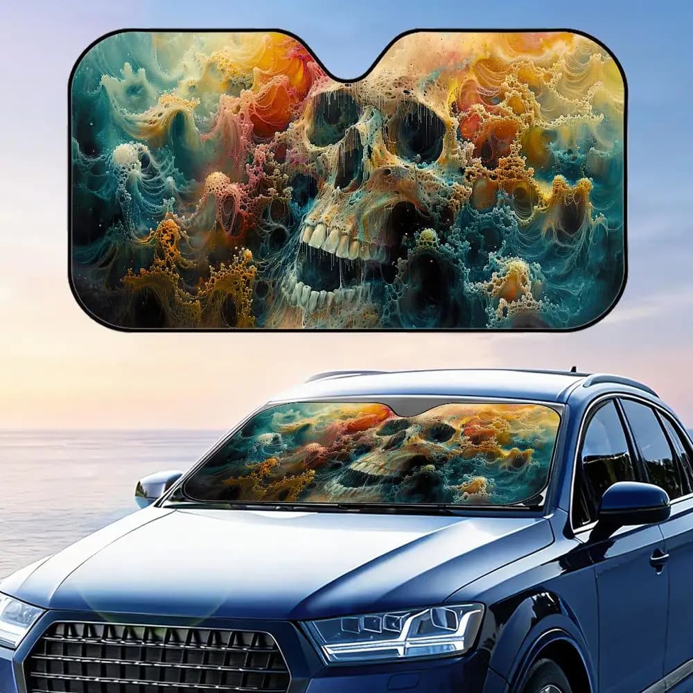 Parasole per auto con teschio astratto, riutilizzabile, in lamina di alluminio, protezione UV, isolamento termico