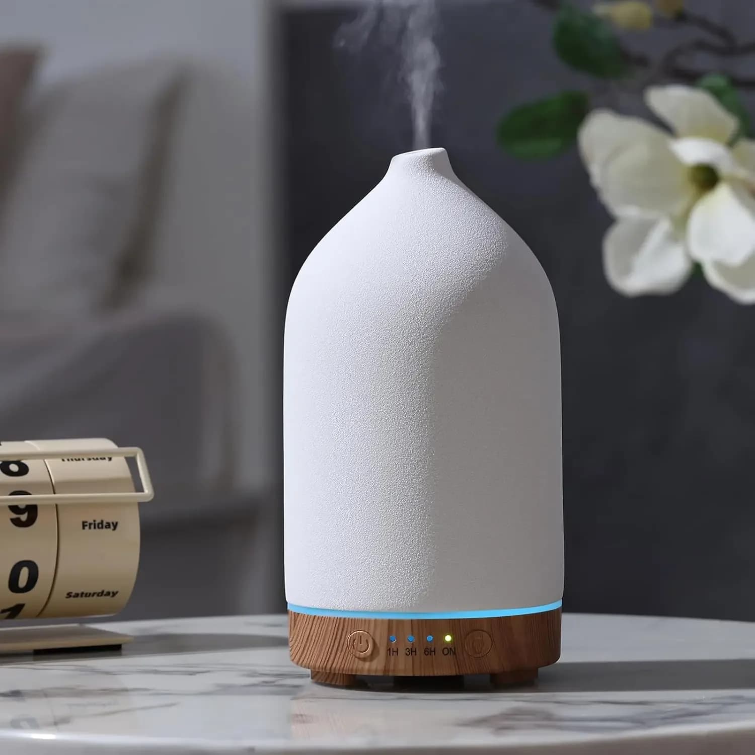 Diffusore di Oli Essenziali in Ceramica, Umidificatore Aromaterapico a Ultrasuoni con Luci LED a 7 Colori, Spegnimento Automatico, Timer 1H/3H/6H