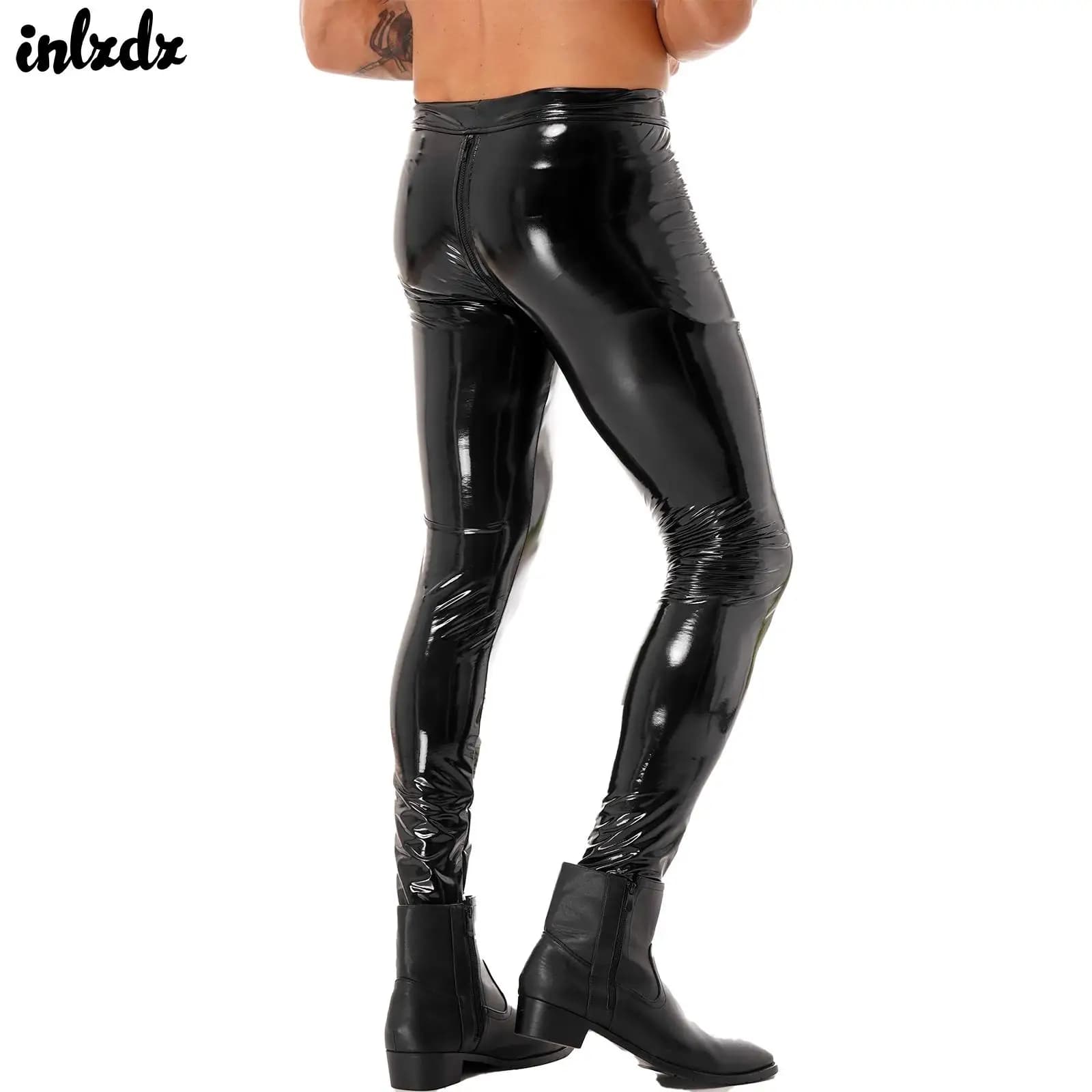 Men's skinny pants with zipper on the horse Clubwear Skinny pants with patent leather Leggings Biker pants for parties