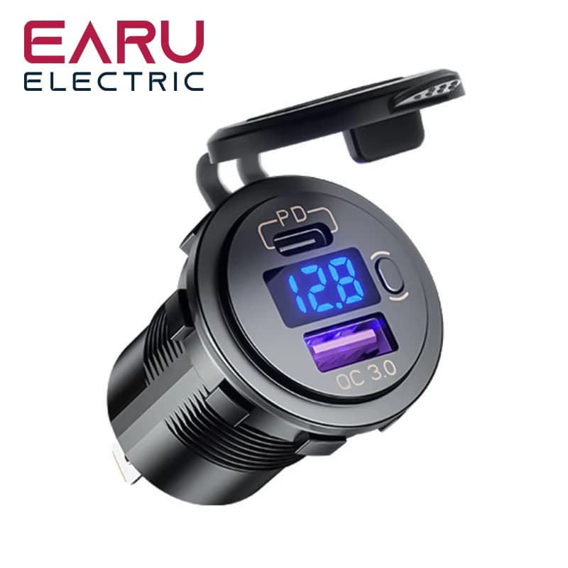 USB C 12V/24V dual USB PD3.0 socket and USB car port QC3.0 with LED voltmeter and On/Off switch