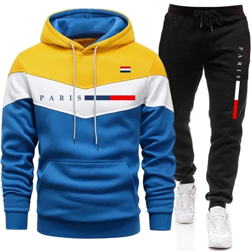 Completo Sportivo Casual Urbano con Stampa Parigi, Felpa con Cappuccio e Pantaloni Jogger da Uomo, Collezione 2026 in Offerta