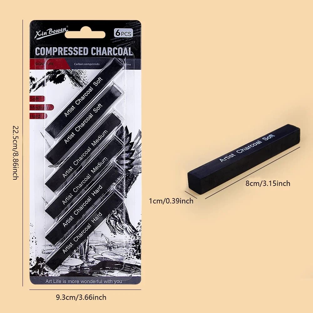 6pcs Sketch Charcoal Bars Set Soft Medium Hard Compressed Charcoal Sticks for Artists Students Sketching Drawing Art Supplies