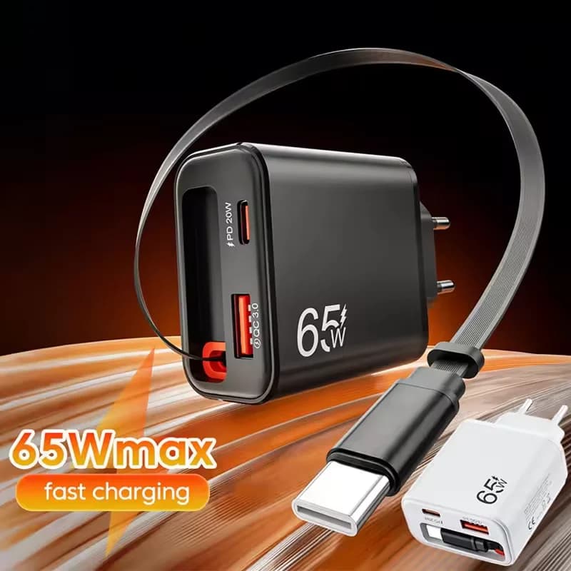 Caricatore USB da 65W per Telefono, Caricatore da Muro USB QC 3.0 PD con Cavo Type-C Retrattile a Ricarica Super Veloce per iPhone 17 16 POCO Xiaomi