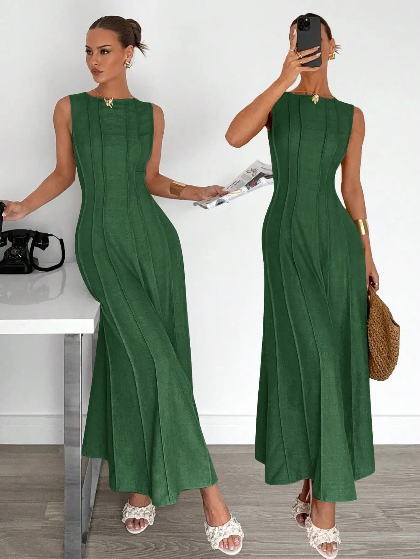Army Green Sleeveless Round Neck Maxi Dress With Pleated Woven Fabric Casual Flared Long Dress For Women Summer Vacation
