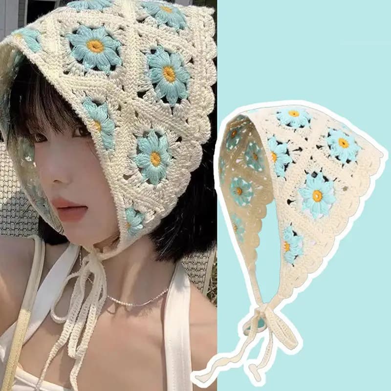 Foulard coreano a triangolo con fiori dolci per le donne Sciarpa per capelli con fascia cava all'uncinetto Asciugamano per ragazza da viaggio Accessorio per foto letterarie