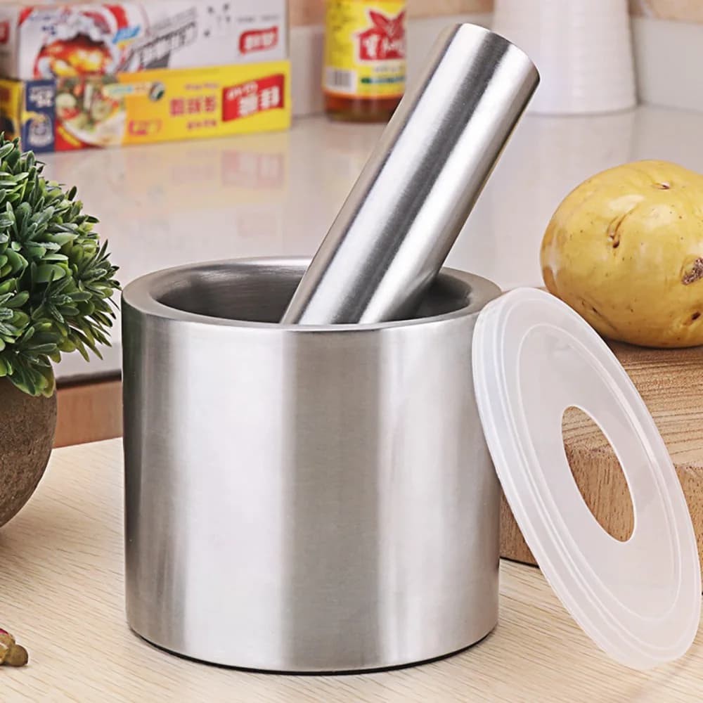 Set di mortaio e pestello in acciaio inossidabile 304 Vaso manuale per schiacciare l'aglio a prova di ruggine Coperchio a prova di spruzzi Smerigliatrice per spezie per uso domestico Limone