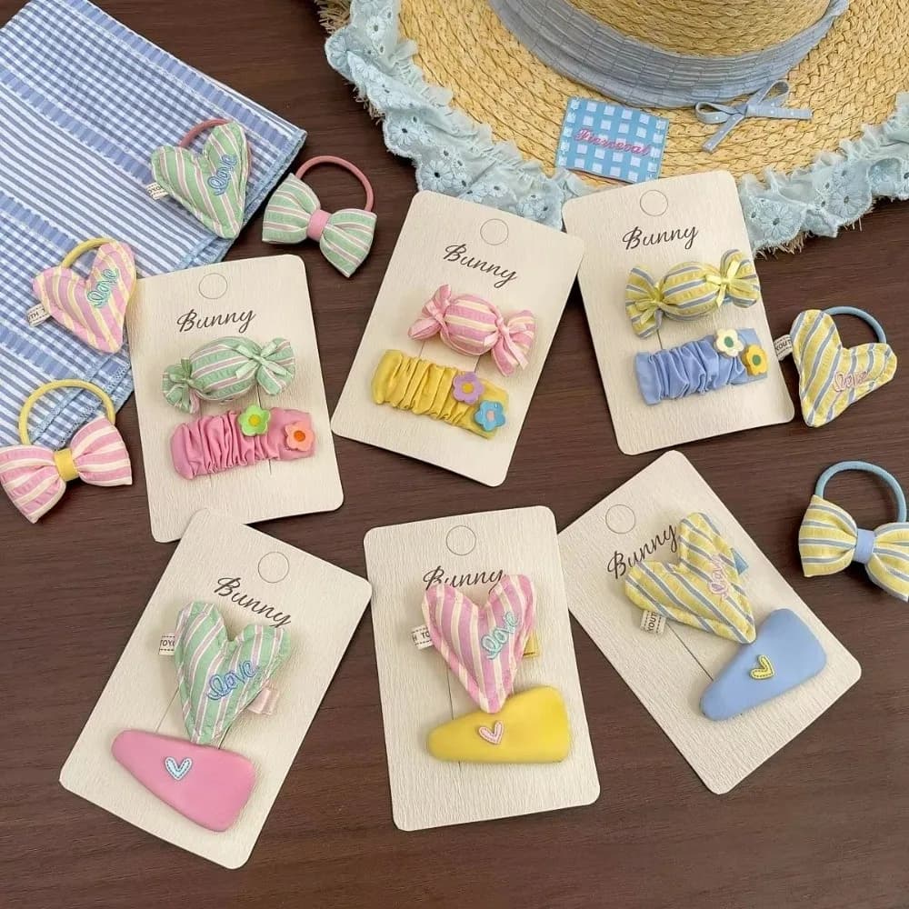 2 Pcs Set Striped Pattern Hairpin Hair Clip Elastic Stretch Fabric Material Elastic Hair Band Korean Style Children Hair Tie
