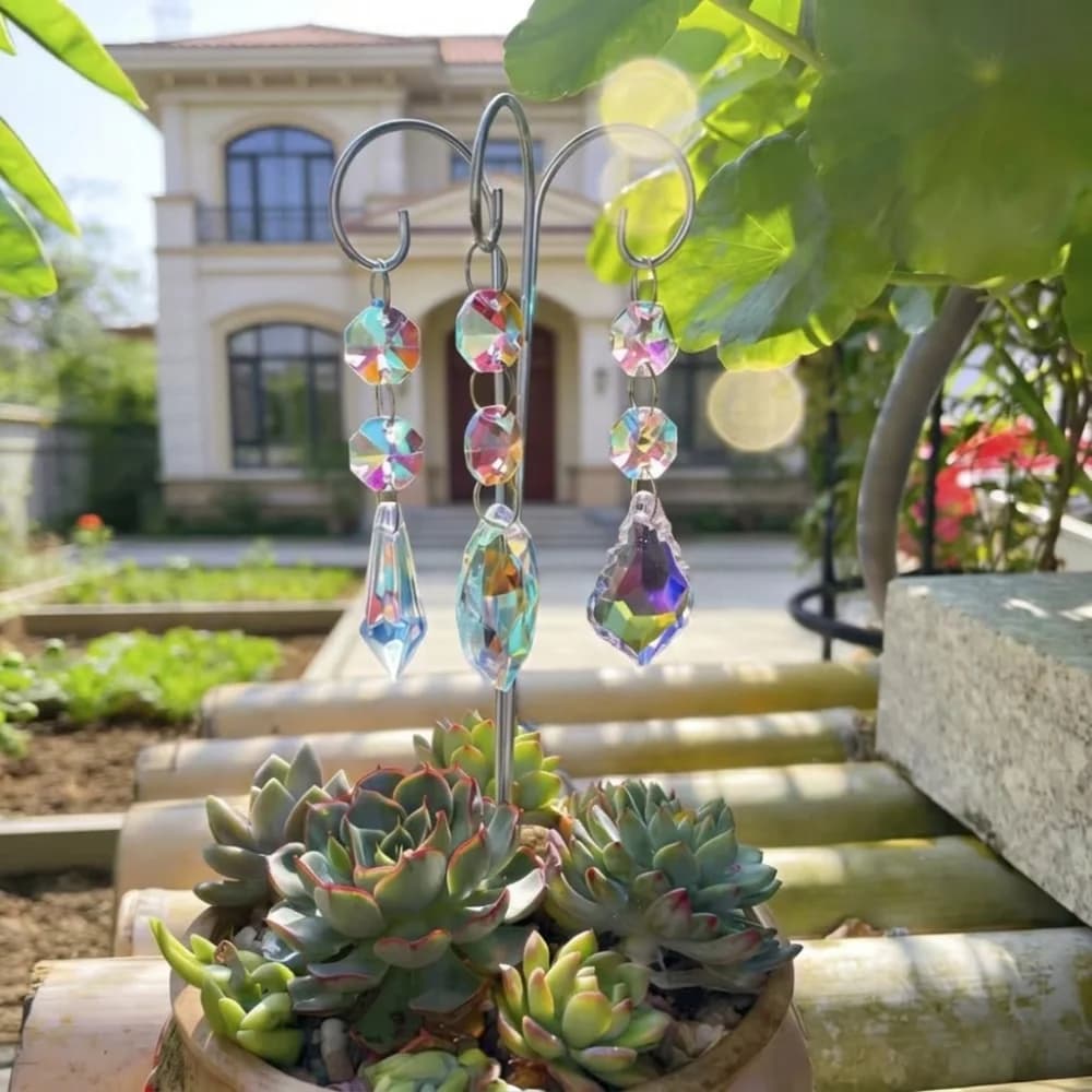 Colorful Crystal Prisms Suncatchers Reflective Metal Stake with Hook Rainbow Maker Handmade Exquisite Hanging Wind Chime