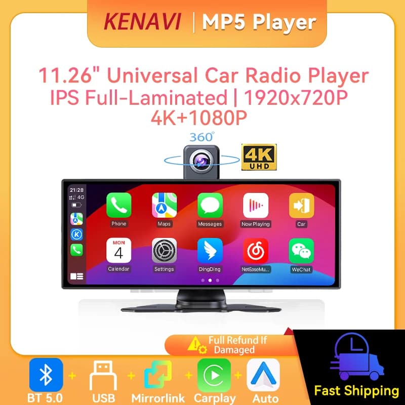 11.26 inch Car DVR 4K Dash Cam Dual Lens Wireless Carplay & Android Auto Video Recorder Monitor Multimedia Player AM FM RDS AUX