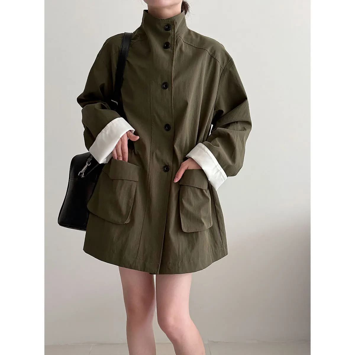 Loose Drawstring Stand Collar Mid-Length Women's Jacket with Big Pockets Cotton Autumn New Style Lushi Windbreaker Coat