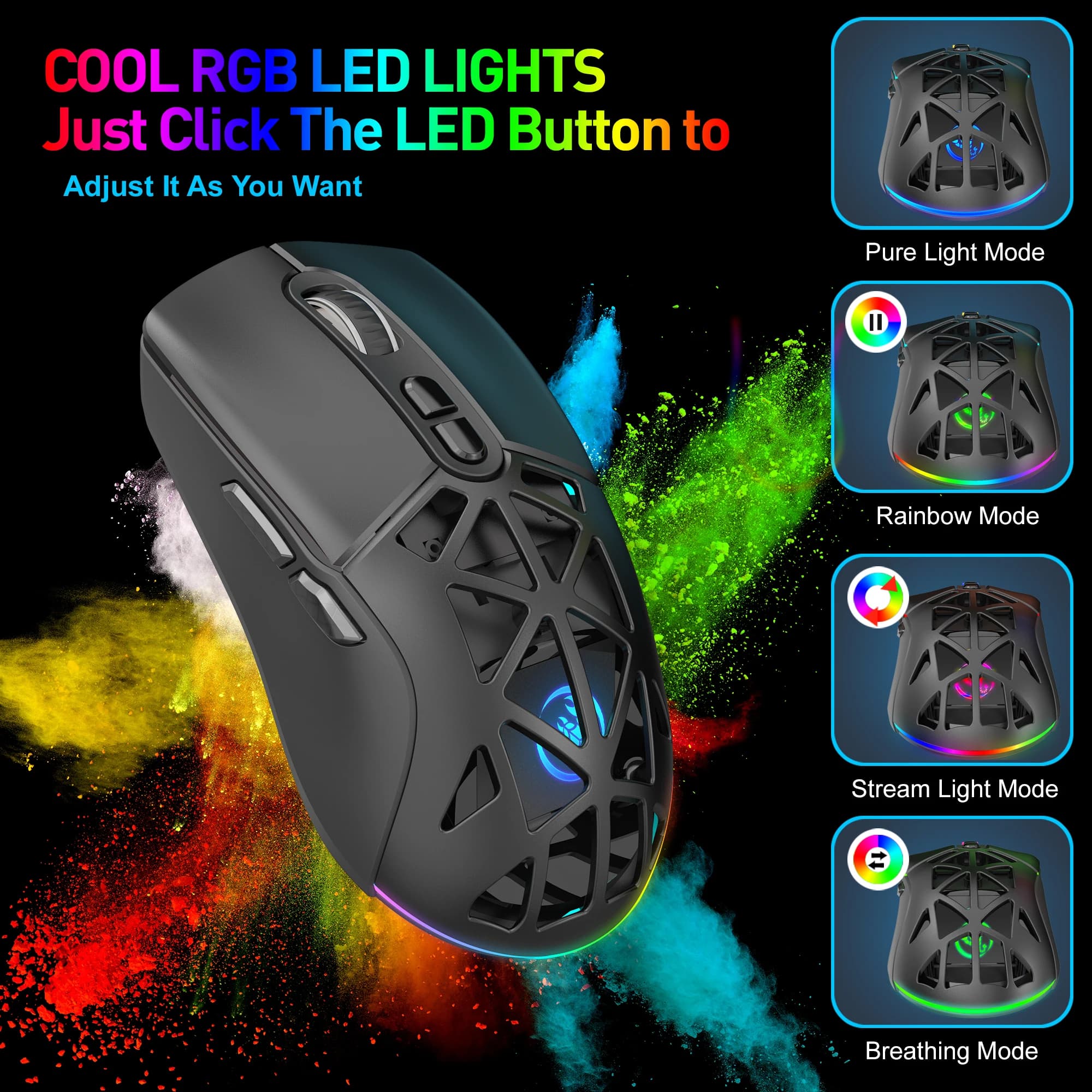 HXSJ T26 Mouse da gioco dual mode 2.4G + BT5.1 Mouse wireless da gioco per laptop 4800 DPI Computer ottico ergonomico regolabile Gamer