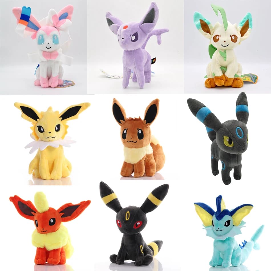Set di 1/10 Peluche della Famiglia Eevee Pokemon - Sylveon, Umbreon, Vaporeon, Flareon, Pikachu, Bambole Imbottite, Regalo di Natale Raffinato per Bambini