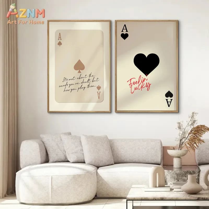 AZNM Ace of Spades Feeling Lucky Canvas Wall Art, Retro Playing Card Quote Print Poster, Unframed Minimalist Poker Game Room Ill