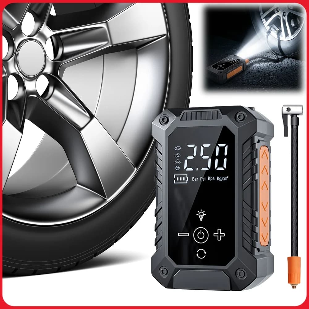 Portable Tire Inflator LCD Digital Display Wireless Air Pump with Auto Shut-Off with 4 Nozzles for Car Bikes Motorcycle Balls