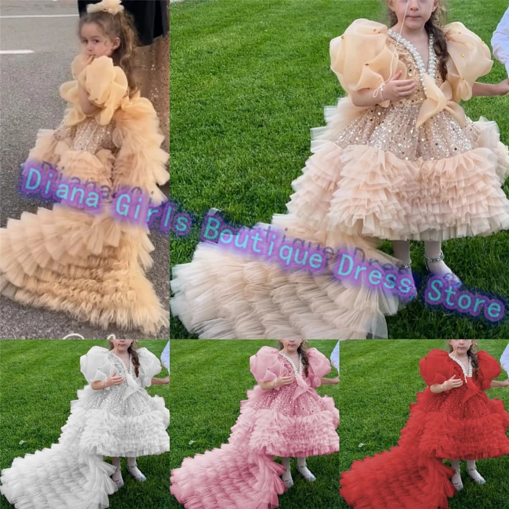 Abito da ragazza di fiore champagne di lusso in tulle soffice con Peal per la piccola principessa Abito da ballo da sposa Abiti da festa di compleanno per ragazze per bambini