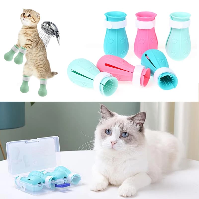 Scarpe antigraffio per gatti 4 pezzi Copri artigli per gatti regolabili Guanti per unghie per il bagno Trattamento da barba Toelettatura Accessori per gatti