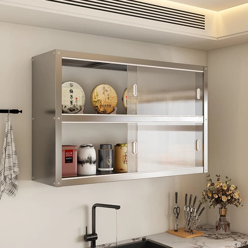 Stainless Steel Wall Mounted Kitchen Shelf Over Cabinet Space Saver Sliding Door Storage Organizer