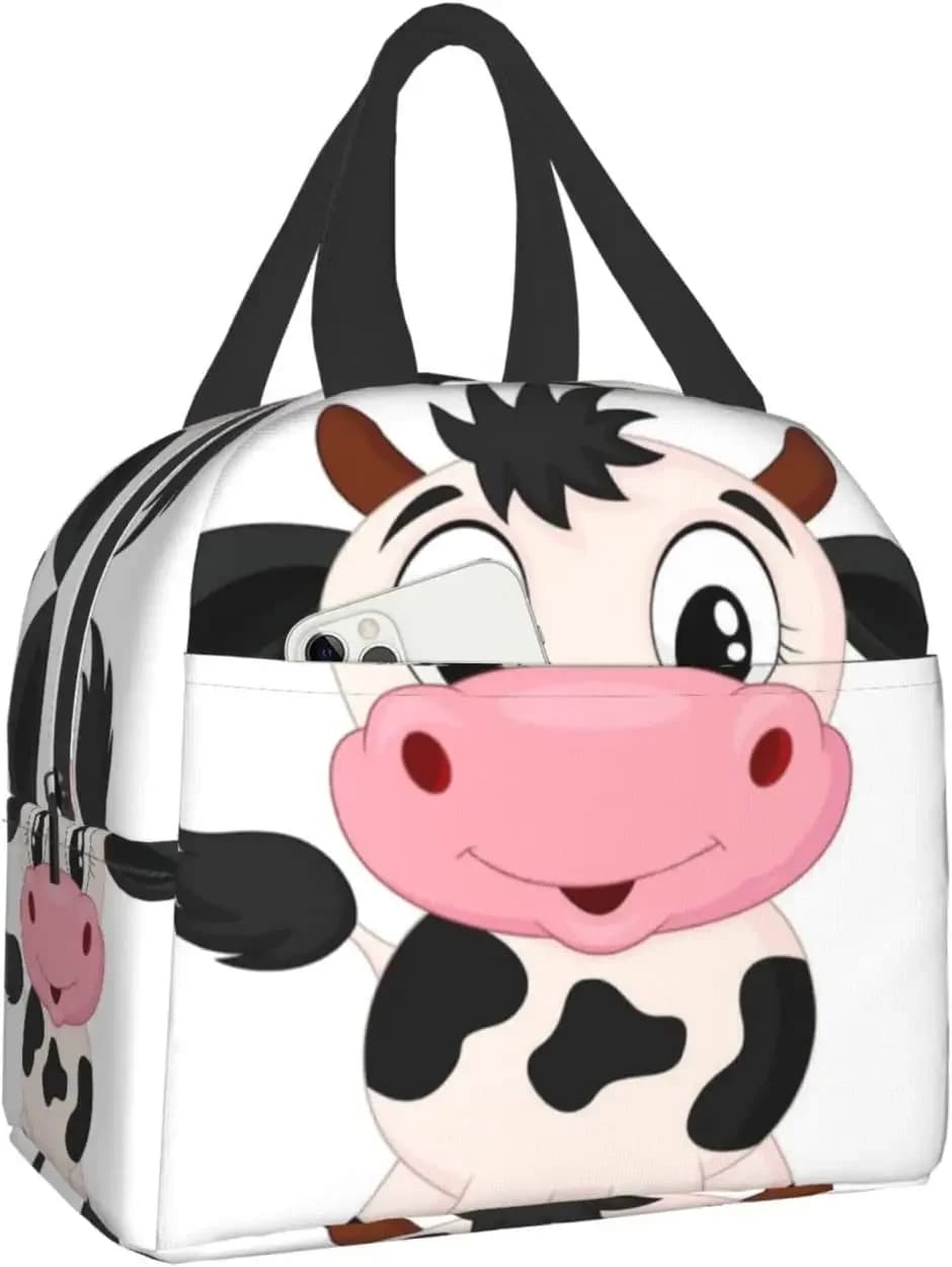 Simpatico cartone animato Mucca da latte Lunchbox Scatole da pranzo isolate Borsa da pranzo riutilizzabile impermeabile con tasca frontale per il lavoro scolastico