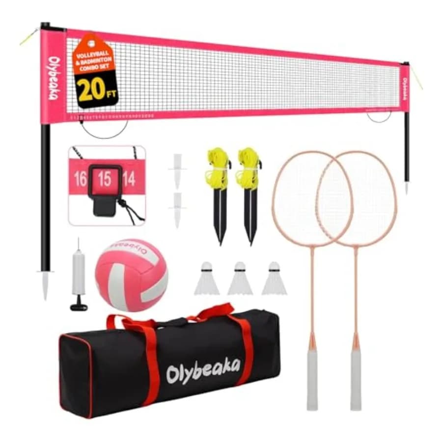 Set combinato di rete da pallavolo e badminton per esterni: pallavolo in PU, 2 racchette in alluminio, pali regolabili, resistente e anti-cedimento.