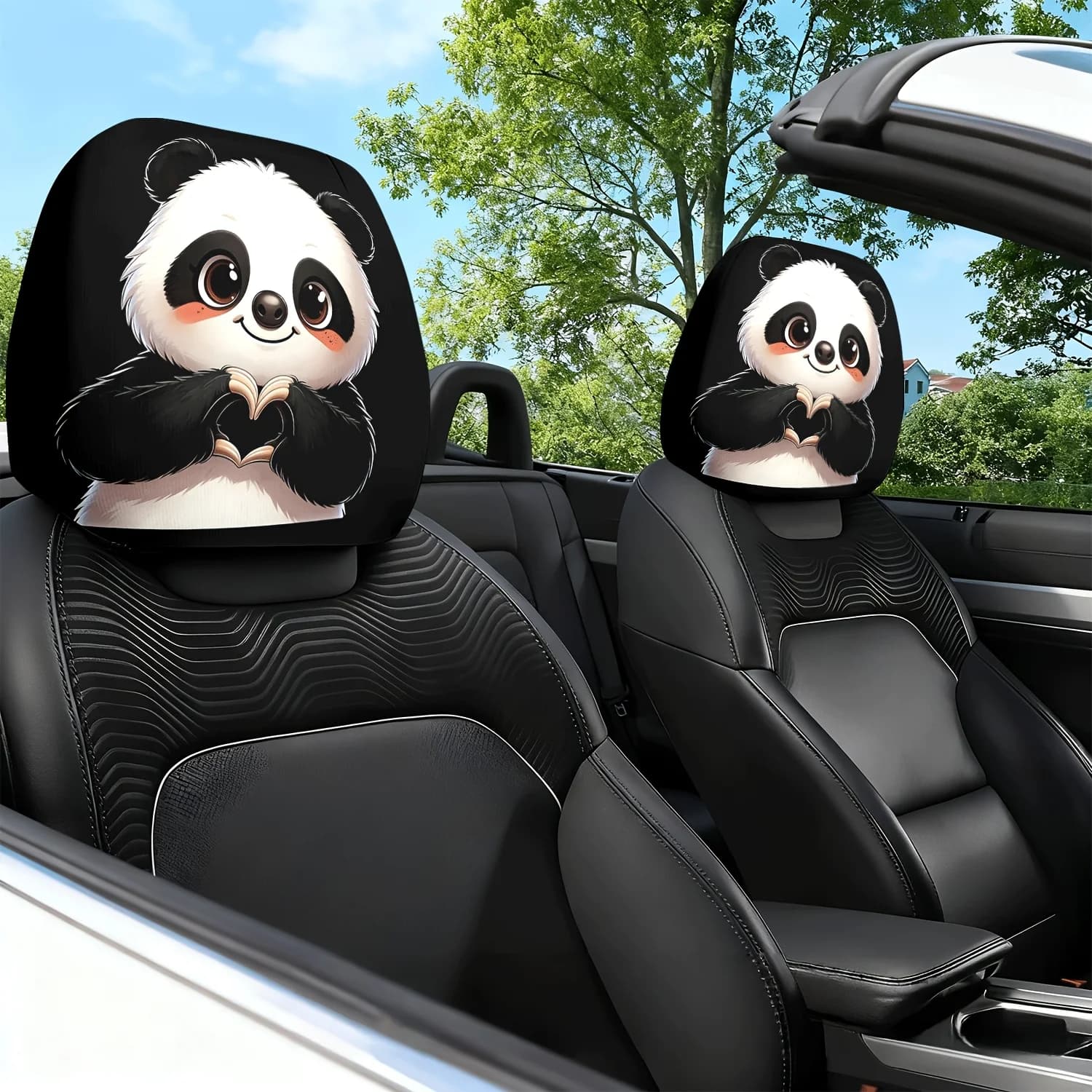 2 Pezzi Cuscino Poggiatesta per Auto con Stampa a Tema Panda Carino con Gesto a Cuore e Espressione Emotiva - con