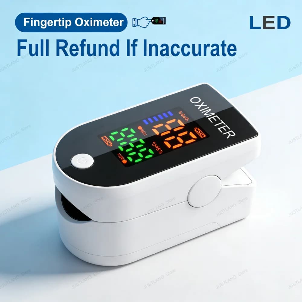 Pulsossimetro da Dito JUSTLANG con Custodia, Portatile, 4 Colori, Monitor di Saturazione dell'Ossigeno nel Sangue, Display LED, SPO2