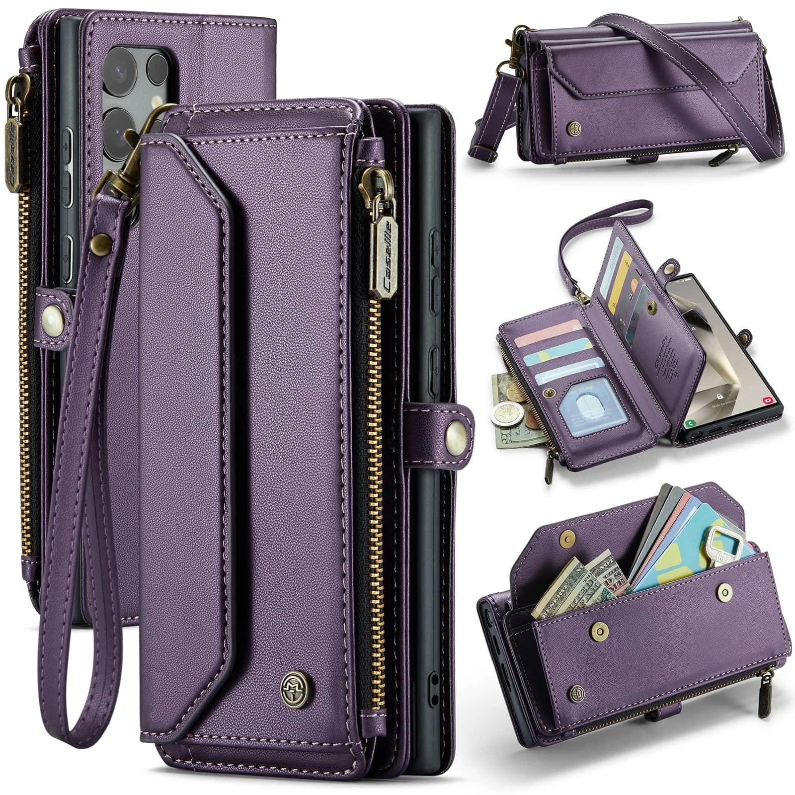 Custodia a tracolla per Samsung Galaxy S25 Ultra S25+ Plus S25 Custodia a portafoglio【Bloccante RFID】 con porta carte da 7 slot per banconote con cerniera, cover ribaltabile