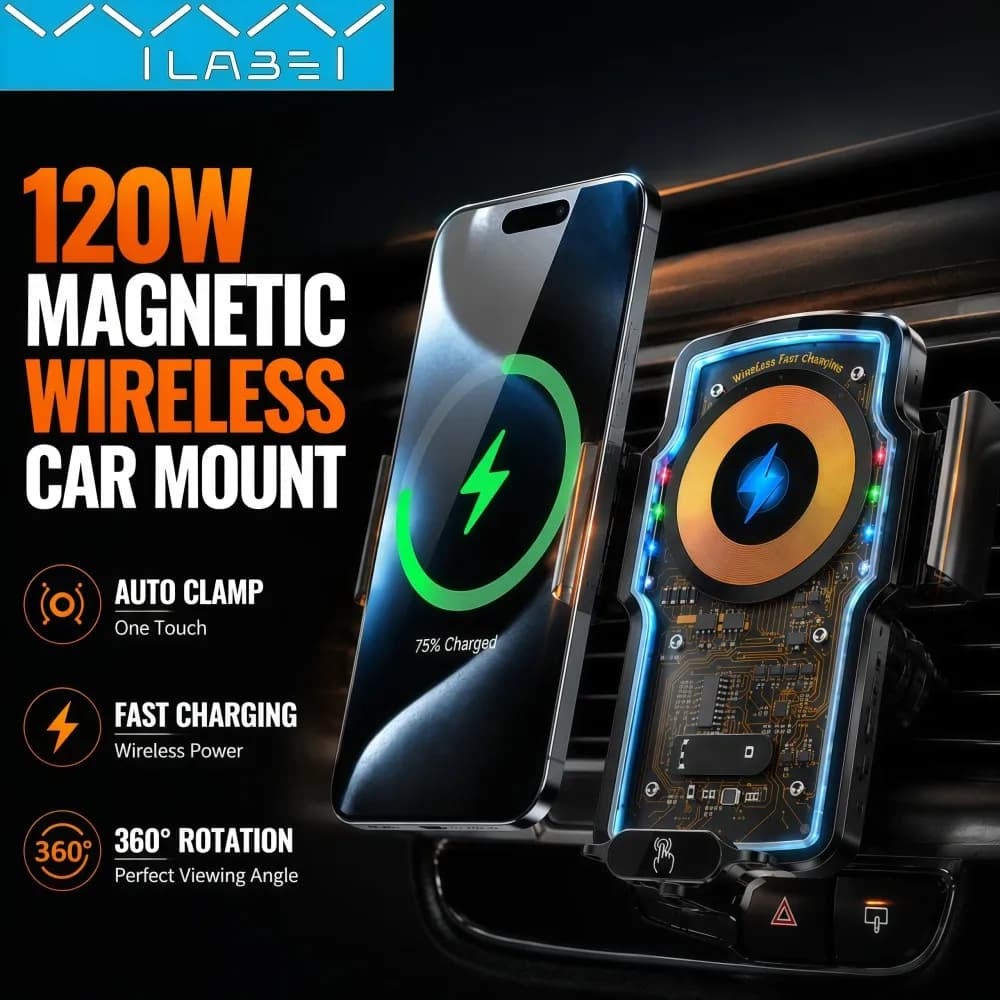 Vyvylabs Magnetic Wireless Car Phone Holder Fast Charging Air Vent Car Charger Mount 360° Rotation Auto Clamp for iPhone Android