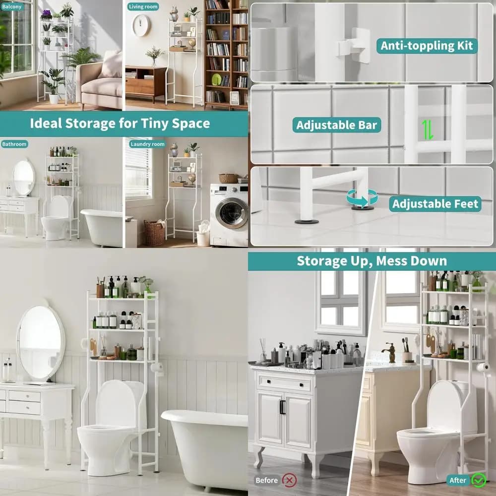 Portaoggetti per WC a 3 livelli in metallo bianco con portarotolo e ganci per piccoli spazi del bagno