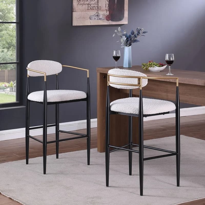 Beige Upholstered Bar Stools Set of 2 with Iron Legs, Kitchen Island Chairs, 260LBS Capacity