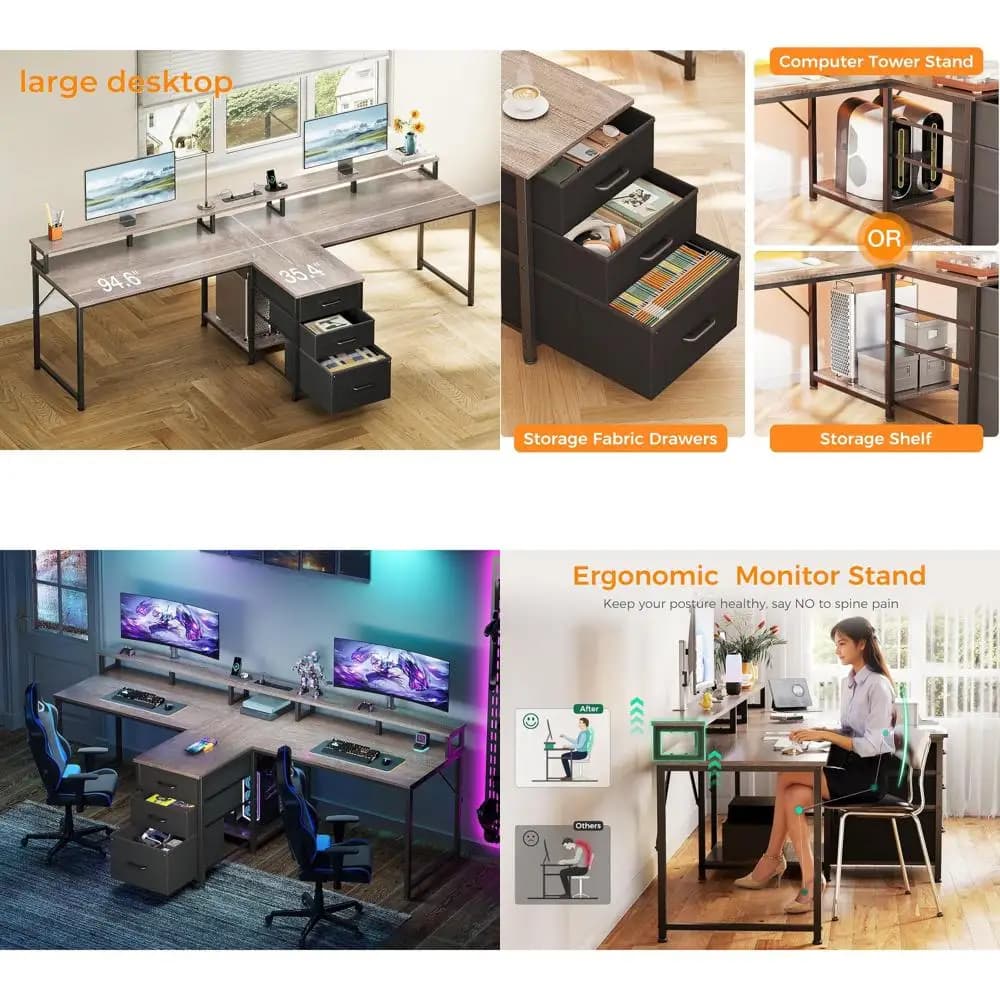 Scrivania per Computer Doppia 94 con Prese di Alimentazione e Porte USB, Scrivania Estesa Grigio Rovere con Cassetti in Tessuto, Armadietto Portadocumenti e Supporto Monitor