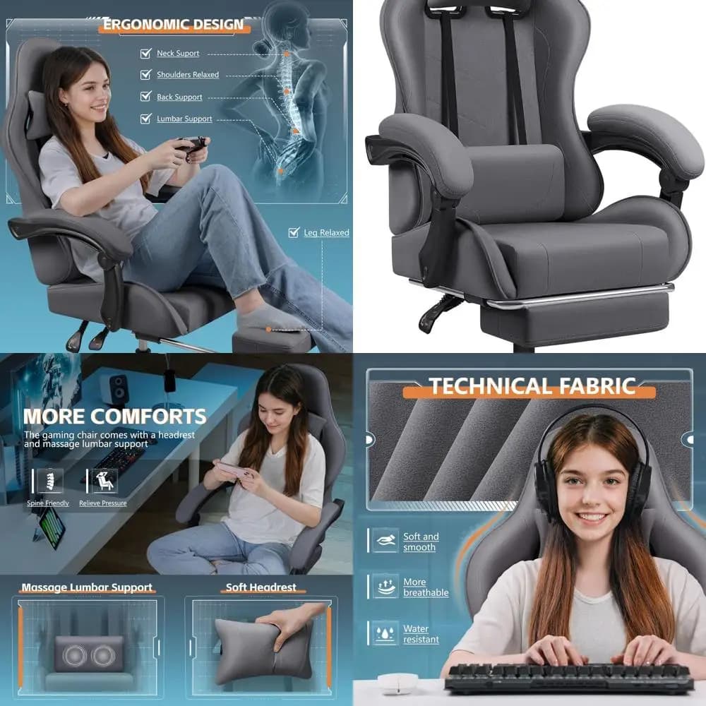 Sedia da gaming ergonomica in tessuto con massaggio lombare, poggiapiedi e poggiatesta regolabili in grigio
