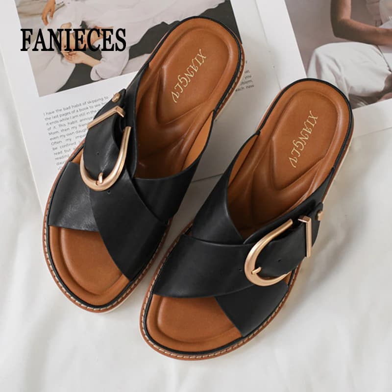 Plus Size Women Slip On Flat Sandals Summer Non-Slip Open Toe Outdoor Slides Casual Beach PU Leather Mules Footwear Slippers