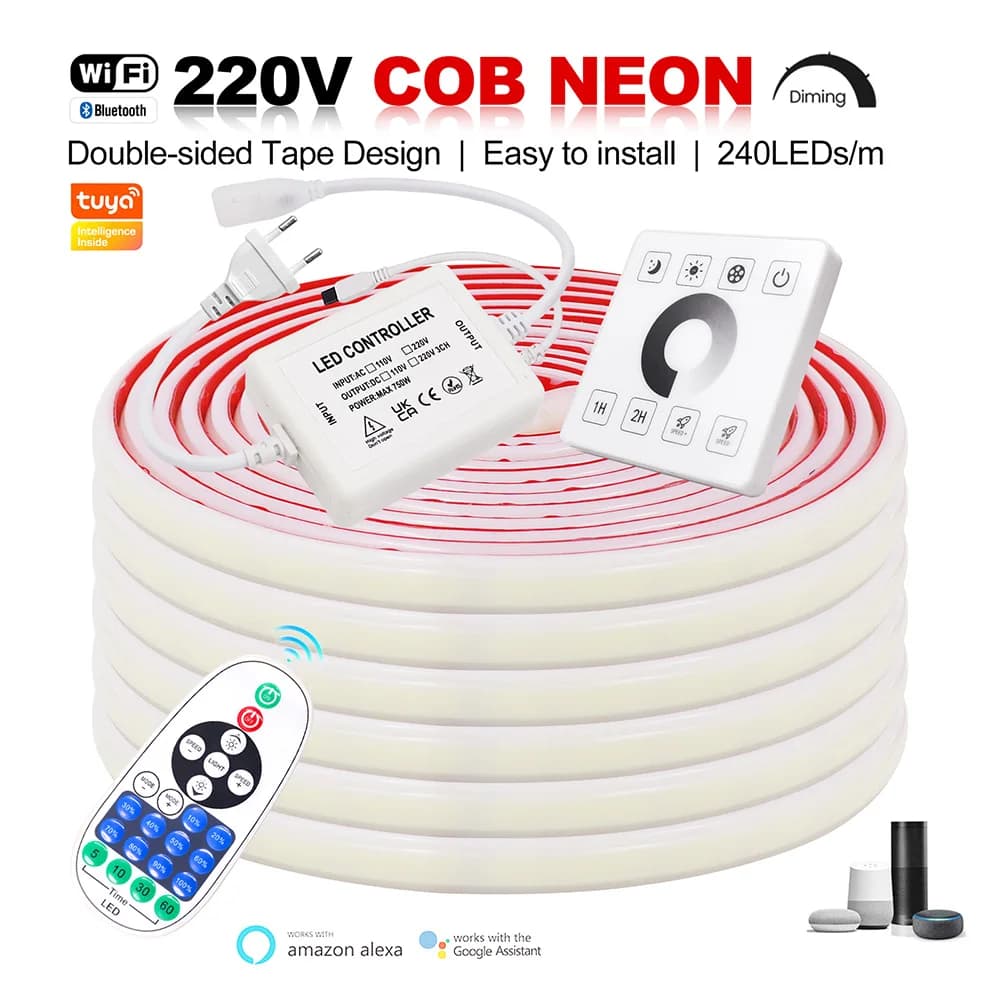 Dimmable COB LED Neon Strip Light Wall Touch Wifi Bluetooth 23 keys Power supply kit remote control 220V 240LED with IC Silicone Cord