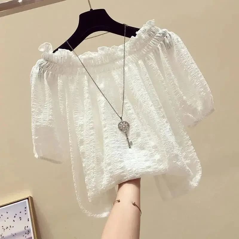 Bianco Casual Slash Neck Manica a sbuffo Pullover in chiffon Camicetta da donna Camicia Abbigliamento femminile Top Moda Camicette corte 2025 Estate