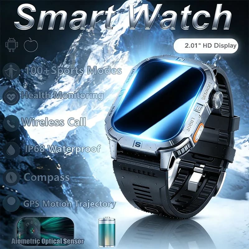 2026 New Men Outdoor Smart Watch Compass 540mAh Large Battery HD Display Heart Rate IP68 Waterproof BT Call Smart Watch Men