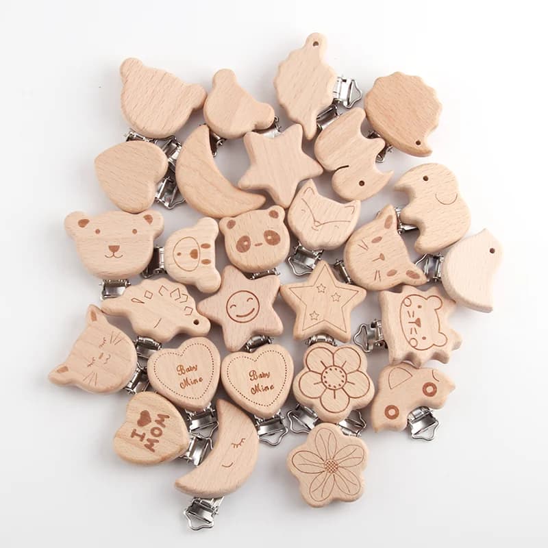 3PCS Legno di faggio naturale Dentizione Ciuccio Clip Design animale per massaggiagengive Giocattoli da masticare Accessorio FAI DA TE Antigoccia Catena ciuccio per bambini