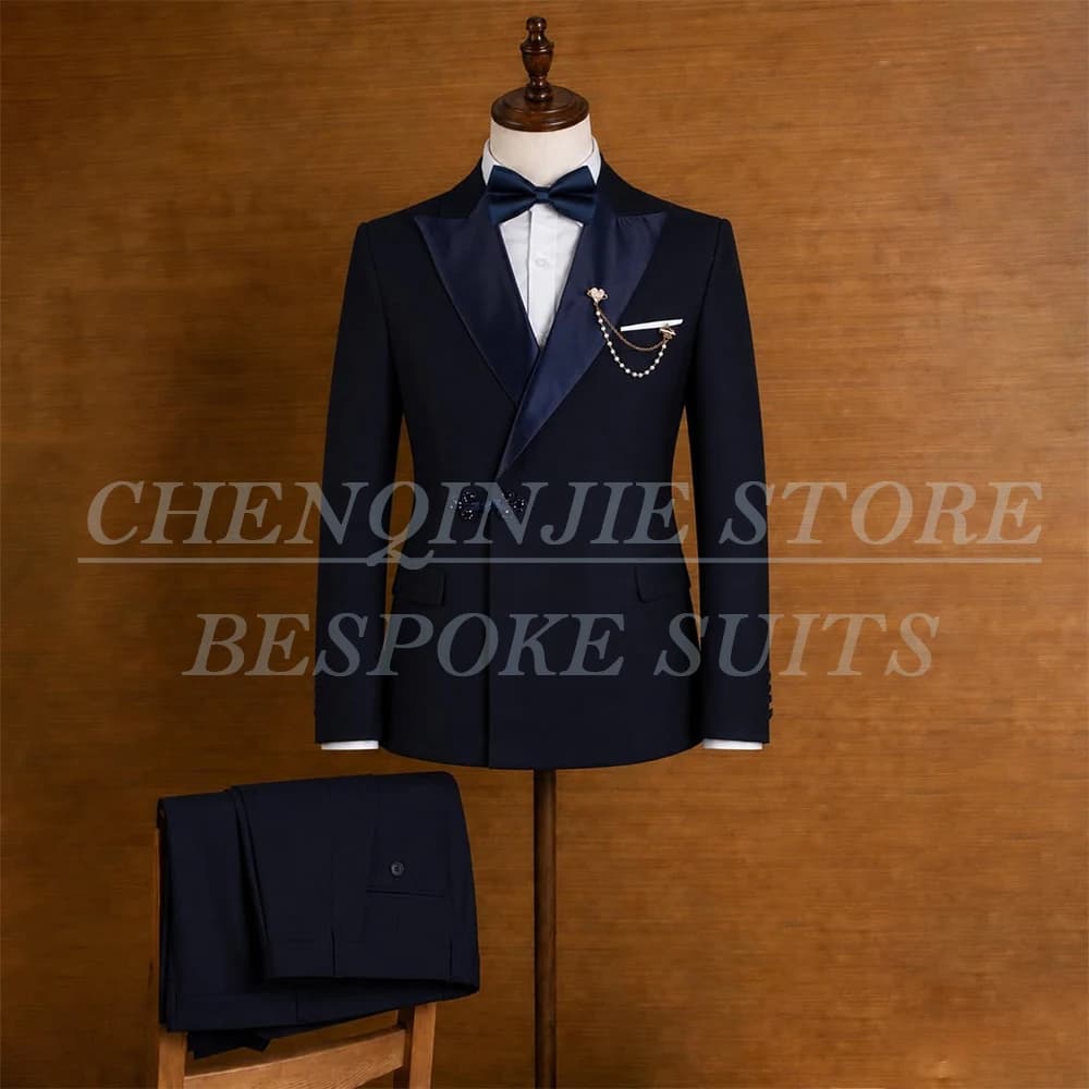 Elegant Double Breasted Satin Peak Lapel Navy Blue Men's Suits Fashion Business Slim Fit 2 Piece Jacket Pants Blazer Terno