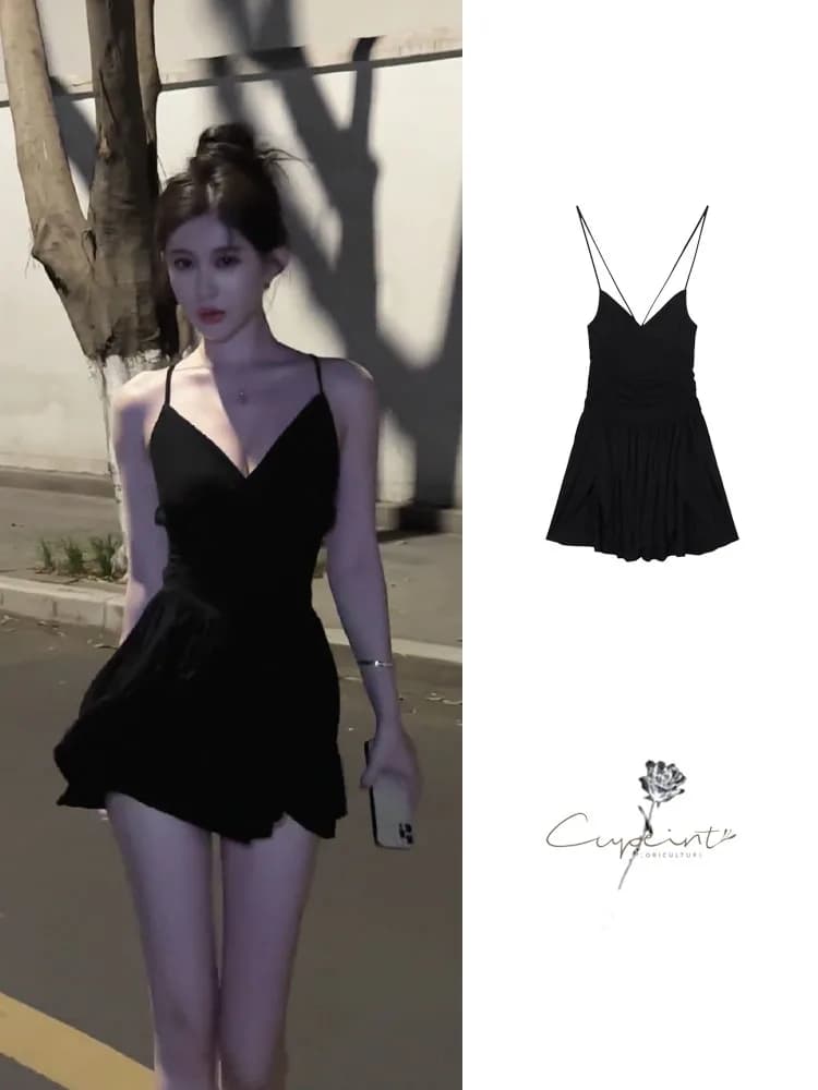 Sexy Black Backless Waist-Cinching Hanging Neck Dress Beautiful Short Skirt for Young Women Summer Season Binding Amazing Dress